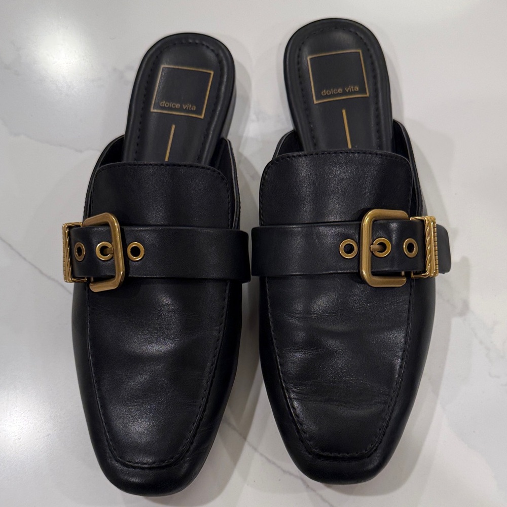 Dolce Vita Black Mules with Gold Buckle